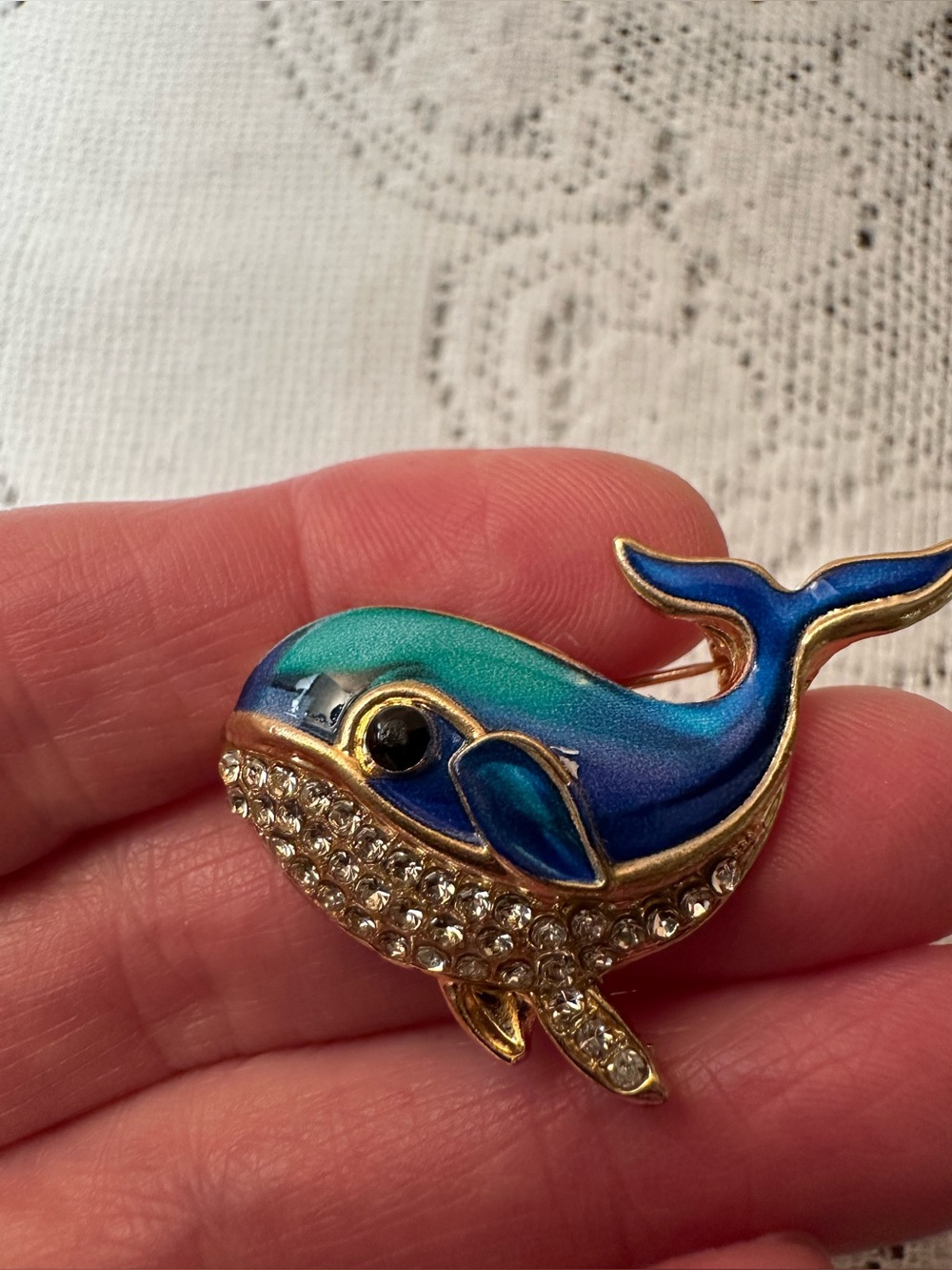 Blue-Green Enamel Whale Rhinestone Brooch